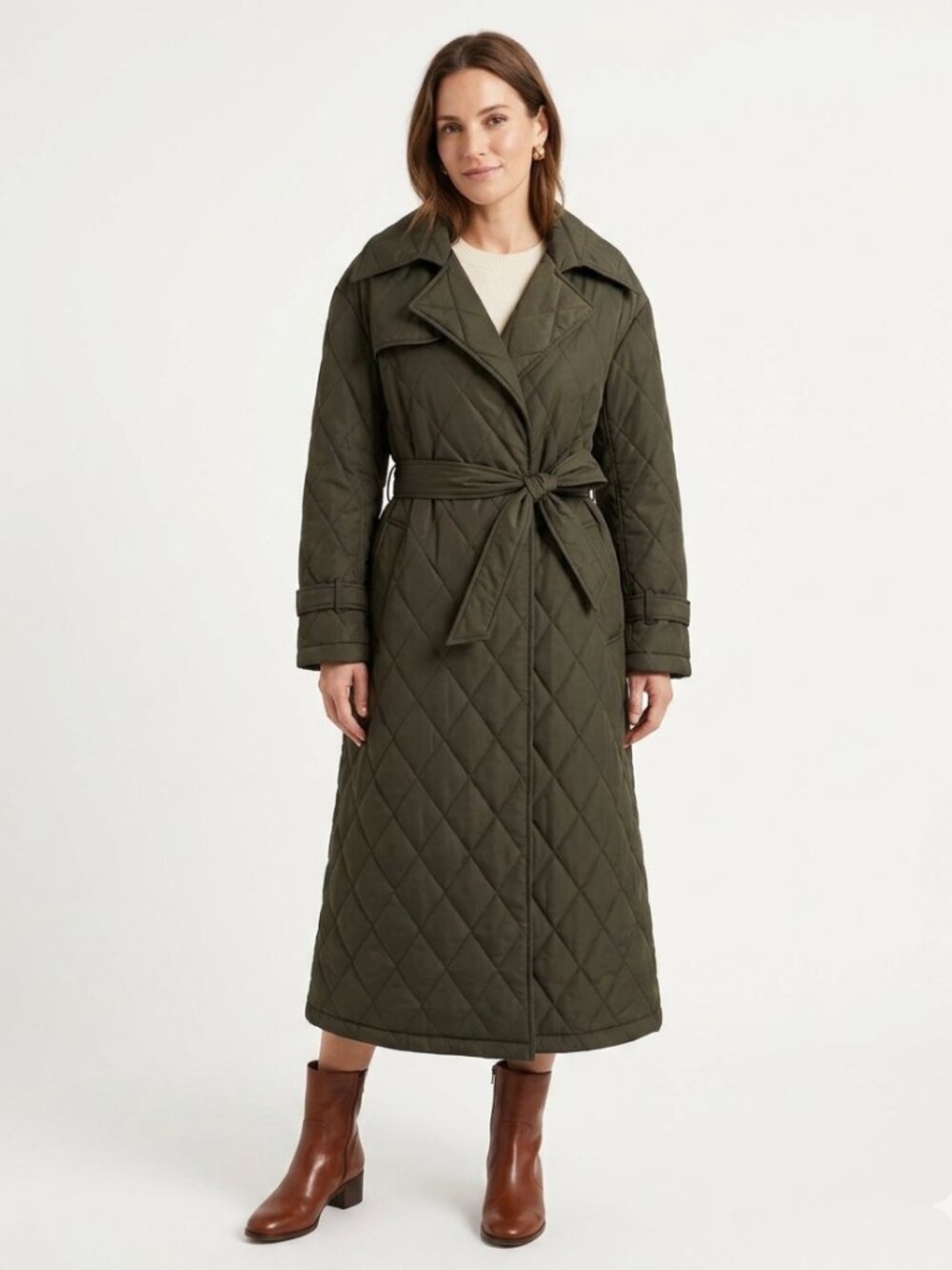 NWT REBECCA MINKOFF OLIVE GREEN QUILTED BELTED TRENCH COAT RM-551 - L